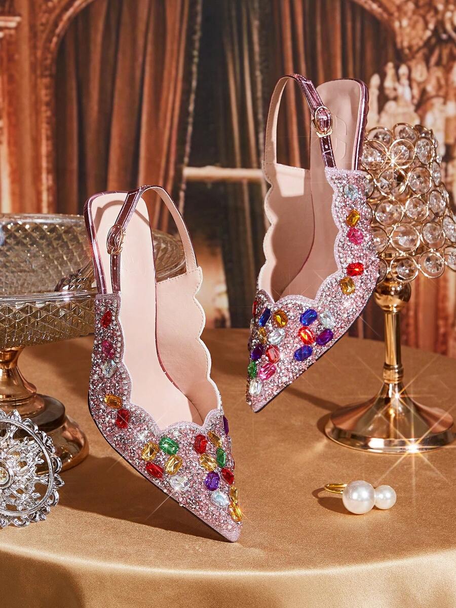CUCCOO TILAWA Fashionable High Heels Designed For Women, Elegant Pointed Toe Style, Sexy Stiletto Heel Suitable For All Seasons, Shallow Backless With Rhinestone Decor Suitable For Various Stylish Outfits - Pink - View 1
