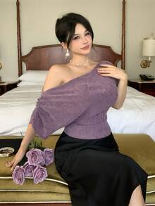 DAZY 女士纯色蝙蝠袖褶皱时尚T恤 夏季 - 紫色 - 查看 7