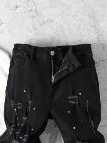 男童做旧牛仔裤，中度水洗，时尚休闲风格，舒适弹力，适合上学、通勤、户外活动 - 黑色 - 查看 6