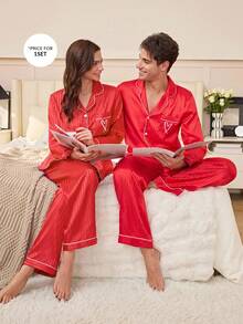 SHEIN Faux Silk Striped Jacquard Collar Heart Embroidery Pocket Long Sleeve Pajama Set For Men - Red - View 1