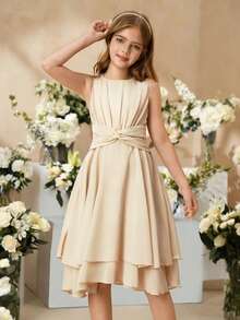 SHEIN 女童可爱优雅浅紫色无袖中长连衣裙，适合派对、假日、正式场合、婚礼、生日、演出及其他活动 - 杏色 - 查看 6