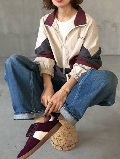 FRIFUL Women's Casual Loose Fit Zipper Pocket Letter Decor Color Block Jacket, Versatile For Spring And Summer