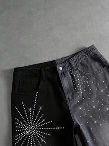 ROMWE MEN Street Life Spring/Summer Casual Graphic Men'S Contrast Color Rhinestone Pocket Fashionable Versatile Casual Commuting Denim Shorts - Black - View 5