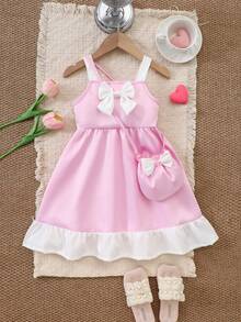 女童蝴蝶结荷叶边下摆夏季连衣裙，1件装 - 粉色 - 查看 6