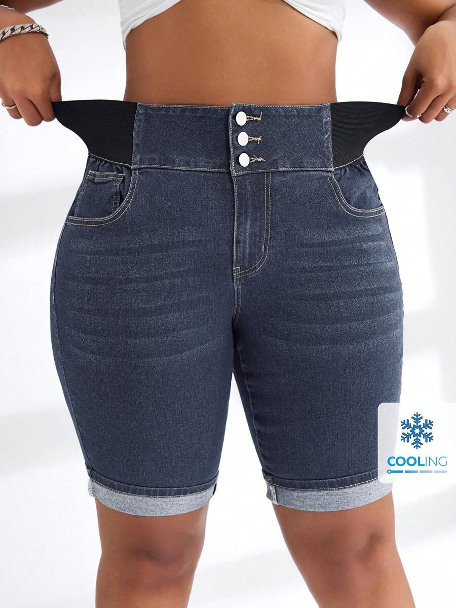 Slaydiva Plus Size Denim Baggy Elastic Waist Shorts, Fashionable For Autumn - Dark Wash - View 1