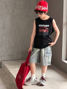 Dazy Kids 男童宽松牛仔短裤，带工装口袋 - 藍色 - 查看 4