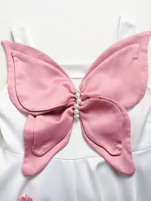 SHEIN Tween Girls White&Pink Butterfly Pattern 3D Elegant Floral Waist A-Line Formal Dress Girl With Bows Flower Bow 3 D Flowers - White - View 7