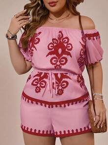 SHEIN VCAY Mono de hombros descubiertos minimalista y estampado para uso diario en tallas grandes - Rosa - Ver 5