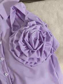 SHEIN Tween Girls' Summer Casual Solid Color Floral 3D Decor Off-Shoulder Blouse - Purple - View 5