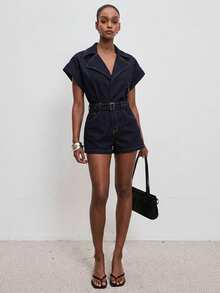 ATUI Studio Women's Elegant Deep V-Neck Cinched Waist Denim Jumpsuit And Romper, Versatile For Commuting And Office Wear - Blue - View 3