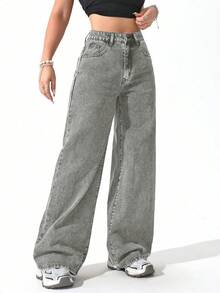 SHEIN ICON 女士带口袋阔腿宽松休闲百搭牛仔裤 - 淺色水洗藍 - 查看 7