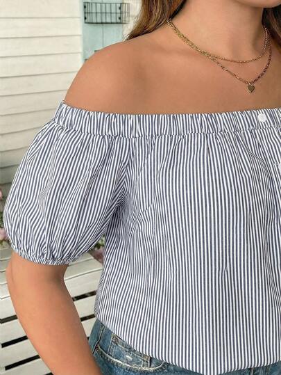 SHEIN LUNE Blue & White Stripe Off-Shoulder Button Decor Casual Lantern Sleeve Blouse For Plus Size Women Country Concert Graduation Summer For Women Brunch For Women Mother's Day Church