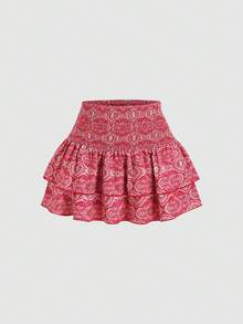 Sweetra Spring/Summer Women's Pink Skirt, Retro Cashew Flower Mini Skirt With Double Ruffle Hem, Suitable For Beach Holiday - Pink - View 1