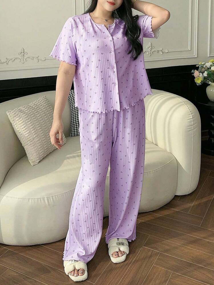Dazy Plus Plus Size Bow Tie Print Button Front Short Sleeve Top And Pants Pajama Set