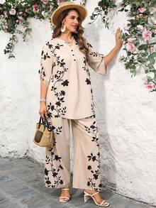 EMERY ROSE 大码印花衬衫和裤子两件套，休闲度假装 - 杏色 - 查看 5