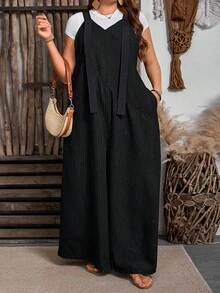 Breezaya Plus Size Striped Jumpsuit Dark Grey Woven Fabric Cropped Length With Pockets Casual Sleeveless Design - Dark Grey - View 8