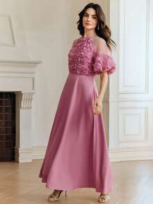 Anewsta 春夏浪漫假日3D立体花卉面料拼接花瓣袖A字腰身优雅派对连衣裙（女款） - 玫紅色 - 查看 4