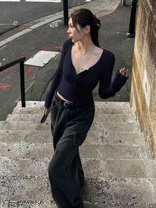 DAZY Women's Solid Color Front Button Long Sleeve Casual T-Shirt,Fall Clothes - Navy Blue - View 4