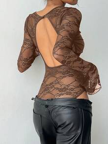Aloruh Bodysuit Tanpa Punggung Seksi Berenda Hitam Polos Terbaru untuk Wanita Musim Gugur/Dingin - Coklat - View 2