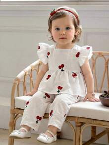 Souflis Souflis 2pcs/Set Baby Girls' Cute Cherry Pattern Vacation Casual Striped Ruffle Sleeve Blouse And Pants Set, Spring/Summer - Multicolor - View 4