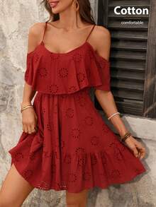 Ellevyn Women's Boho Red Embroidery Mini Dress A Line Flounce Ruffle Hem Spaghetti Strap Cold Shoulder Sleeveless - Red - View 2