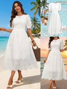Ellevyn Đầm chữ A thêu họa tiết, cổ tròn, thắt eo, thanh lịch dành cho nữ, thích hợp cho kỳ nghỉ. - Nhiều màu - Xem 5