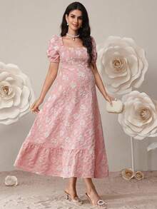 SHEIN Đầm bầu tay cánh hoa thanh lịch bằng vải jacquard cho mùa hè - Hồng - Xem 6