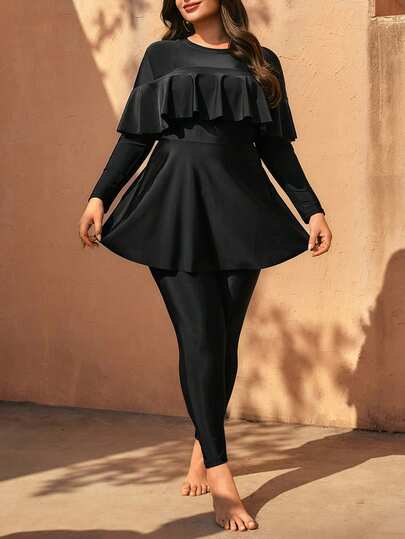 Swim Mulvari 大码女式新款纯色成熟中东风两件式泳衣，可拆卸胸垫，优雅单肩荷叶边连体泳裙，修身长裤，休闲时尚沙滩罩衫长袖裤