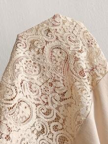 Florisole 女士休闲度假风宽松卡其色T恤，后背蕾丝设计 - 卡其色 - 查看 6