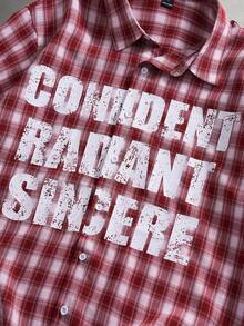 STYNVO 男士标语格子印花短袖单排扣休闲衬衫 - 粉色 - 查看 8