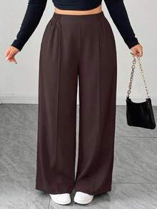 Plus Size Women Elastic Waist Solid Color Casual Loose Pants, Suitable For Commuting - Brown - View 4