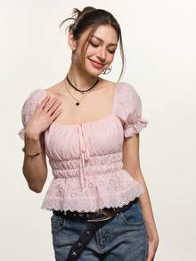 Rina Fox 2026 Women's Hollow Embroidery Square Neck Short Sleeve Blouse - Apricot - View 4