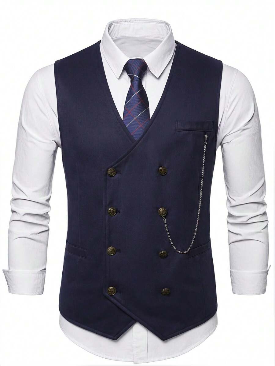 Manfinity Bizformal 男士休闲通勤双排扣西装背心 - 藏蓝色 - 查看 1