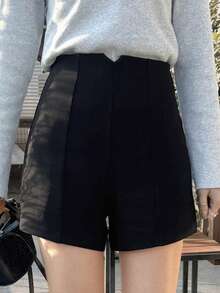 FRIFUL 女士纯黑色直筒短裤，V形腰带，修身百搭 - 黑色 - 查看 4