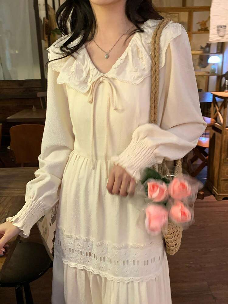 Women's Elegant Commuter Hollow Embroidery Patchwork Mid-Length Dress Sundress