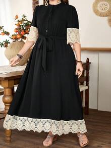 SHEIN Lacomfia Plus Size Women Contrast Lace Petal Sleeve Single-Breasted Elegant Dress - Black - View 3