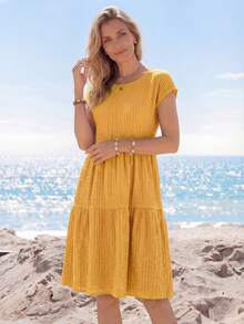Sylviya 女式春夏纯色荷叶边下摆圆领短袖连衣裙 - 黃色 - 查看 4