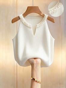 Franclia 新款春夏欧美风修身仿珍珠奢华露背针织上衣，优雅女士日常通勤、派对、聚会场合皆宜 - 白色 - 查看 1