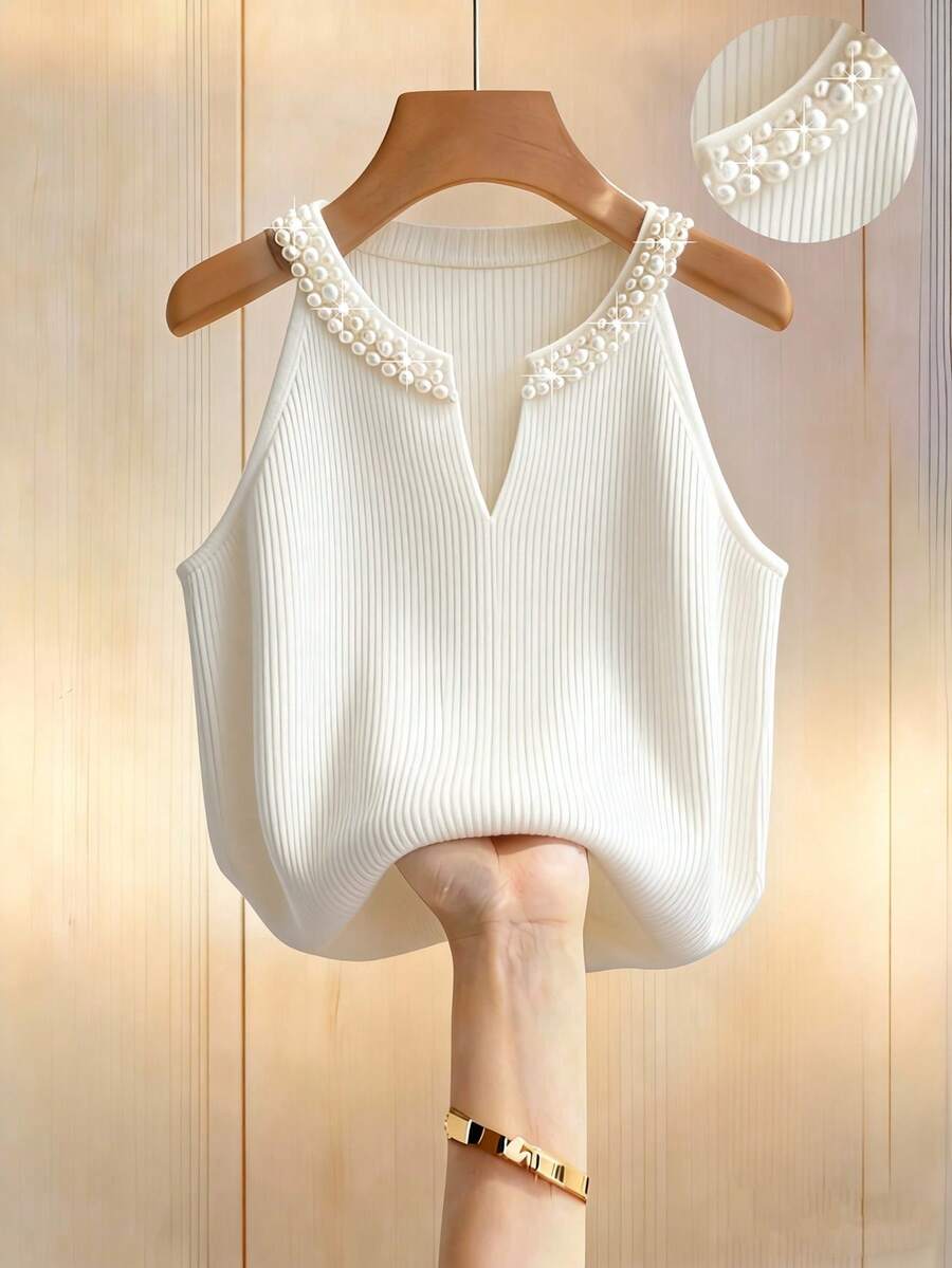 Franclia 新款春夏欧美风修身仿珍珠奢华露背针织上衣，优雅女士日常通勤、派对、聚会场合皆宜 - 白色 - 查看 1