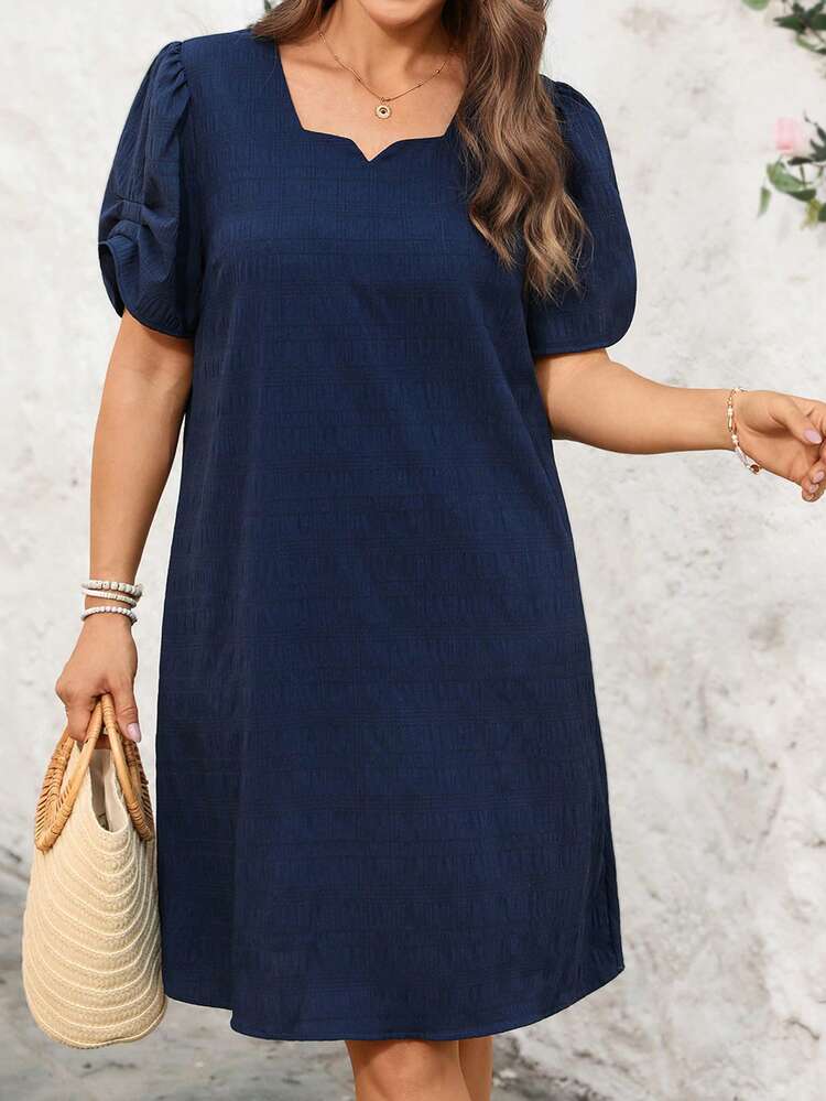 Plus Size Women's Summer Casual Vacation Elegant Commuter Short Sleeve Solid Color Navy Blue Mini Dress, Summer Holiday,Spring Break Outfits ,Vacation Outfits Women ,Holiday Outfits For Women,Going Out Outfits,2026 New Clothes,Simple And Fashionable For Everyday Wear,Flowy Dress ,Suitable For Summer, Vacation, Commute, Daily Wear, Blue Dress
