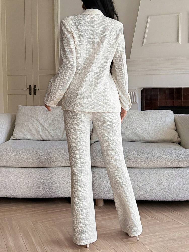 Women's Solid Color Long Sleeve Lapel Collar Textured Fabric Blazer & Pants 2-Piece Set