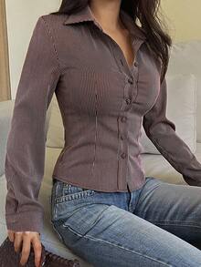 DAZY Women's Striped Long Sleeve Single-Breasted Casual/Work Shirt - Brown - View 2