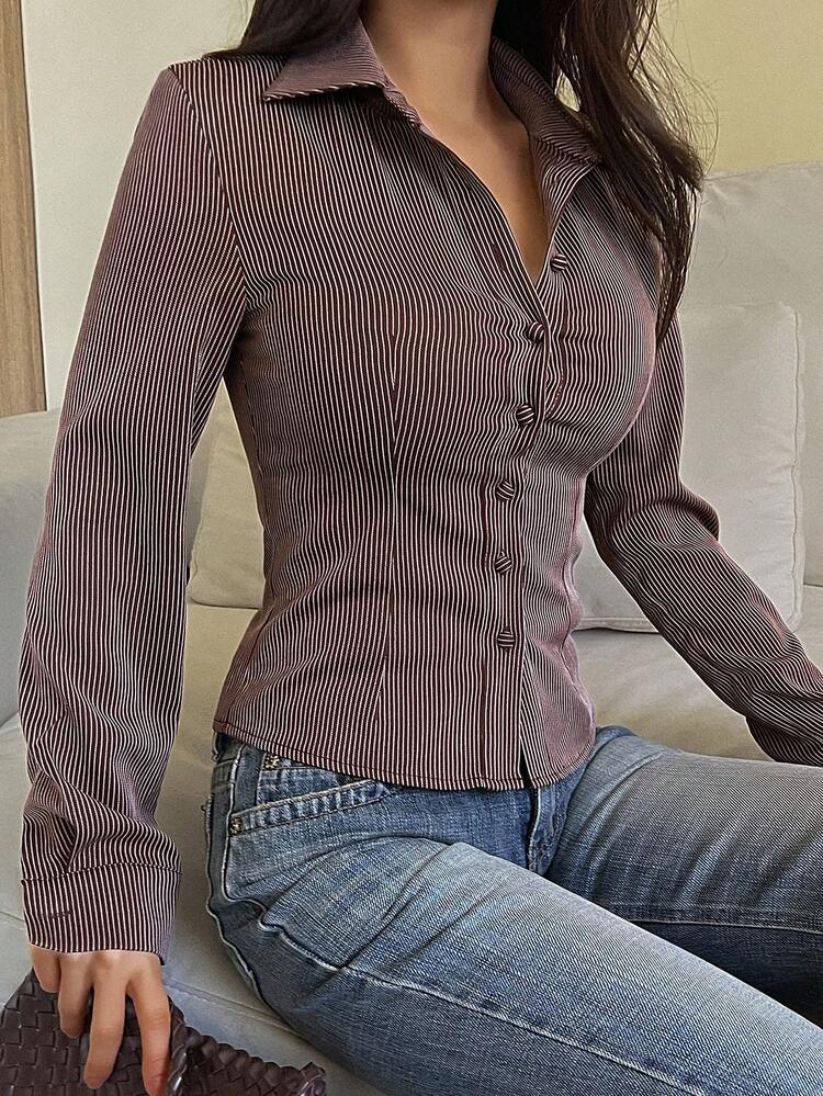Women's Striped Long Sleeve Single-Breasted Casual/Work Shirt