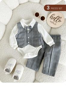 3pcs Newborn Baby Boy Cute Summer Gentleman Style Plaid Vest, Long Pants, Bow Tie Romper Outfit Set - Grey - View 11