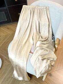 SHEIN Tall CURVE 大码女式宽松舒适阔腿裤，专为高挑丰满身材设计，采用醋酸纤维面料制成。 - 杏色 - 查看 2