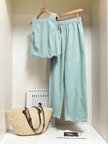 SHEIN Frenchy Women's Round Neck Shell Trim Plaid Print Camisole And Pants Casual 2 Pieces Set - Mint Green - View 4