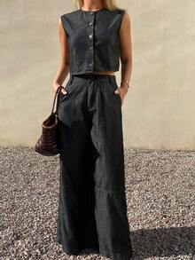 DAZY Women's Minimalist Denim Camisole & Wide Leg Pants Set - Black - View 6