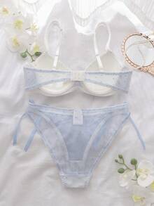 Light Blue Polka Dot Lace Patchwork, Bow Accent, Sheer Mesh Fabric Lingerie Set - Baby Blue - View 2