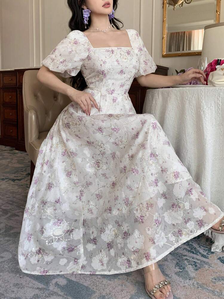 Tulip Print French Style Mid-Length Dress For Women Sundress Floral Dresses For Women