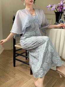 DAZY Đầm dài kiểu Trung Quốc tối giản, thắt eo, nhẹ nhàng dành cho nữ, mùa hè, đầm dự tiệc cưới, đầm hè. - Xám Xanh - Xem 9